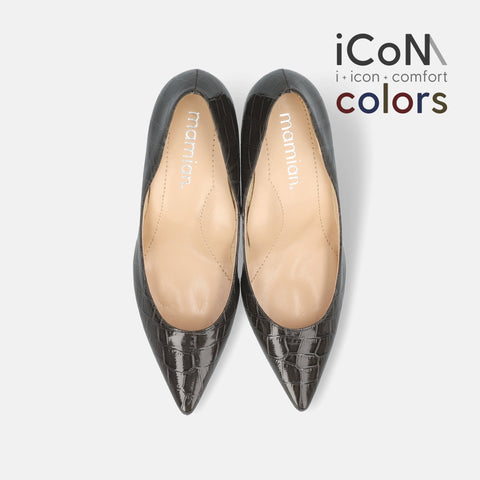 2024AW：iCoN COLORS：ポインテッドトゥ クロコ型押し パンプス（C76534）チャコールCR/mamian（マミアン）