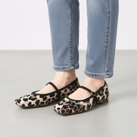 予約：2025AW：スクエアトゥ メリージェーン フラット（m10310）レオパード/mamian（マミアン）