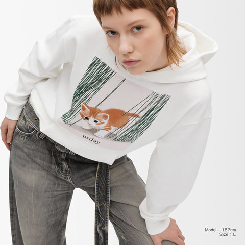 予約：urday【cat】アートワークスウェットプルパーカ（u-a-spk-0001-02）ホワイト/urday（マミアン）